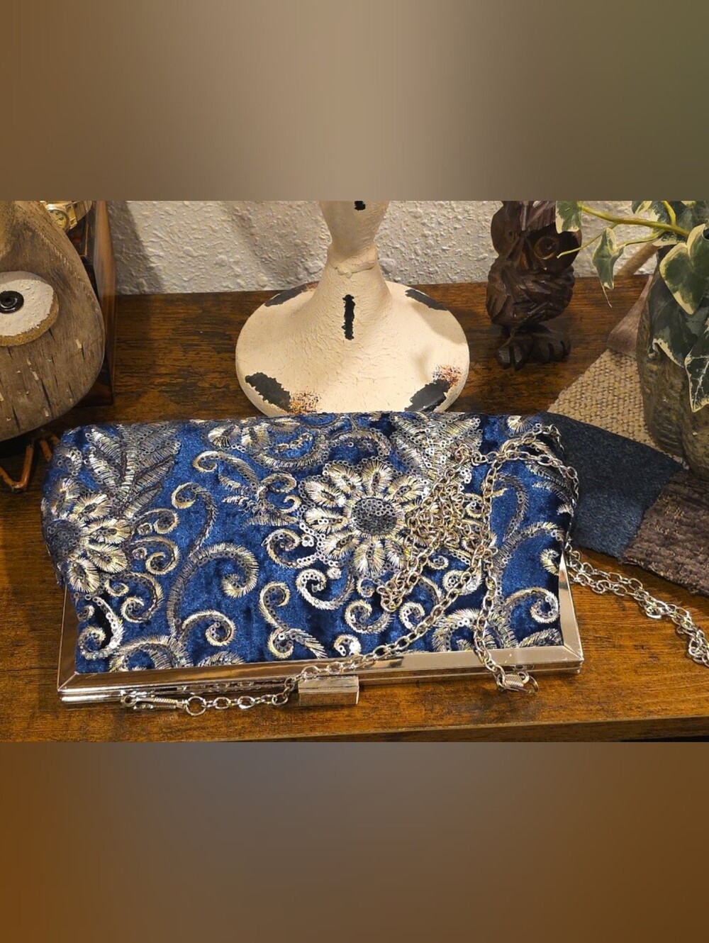 Vintage Style Blue Velvet Floral Sequin Clutch Evening Bag Silver Chain Shoulder